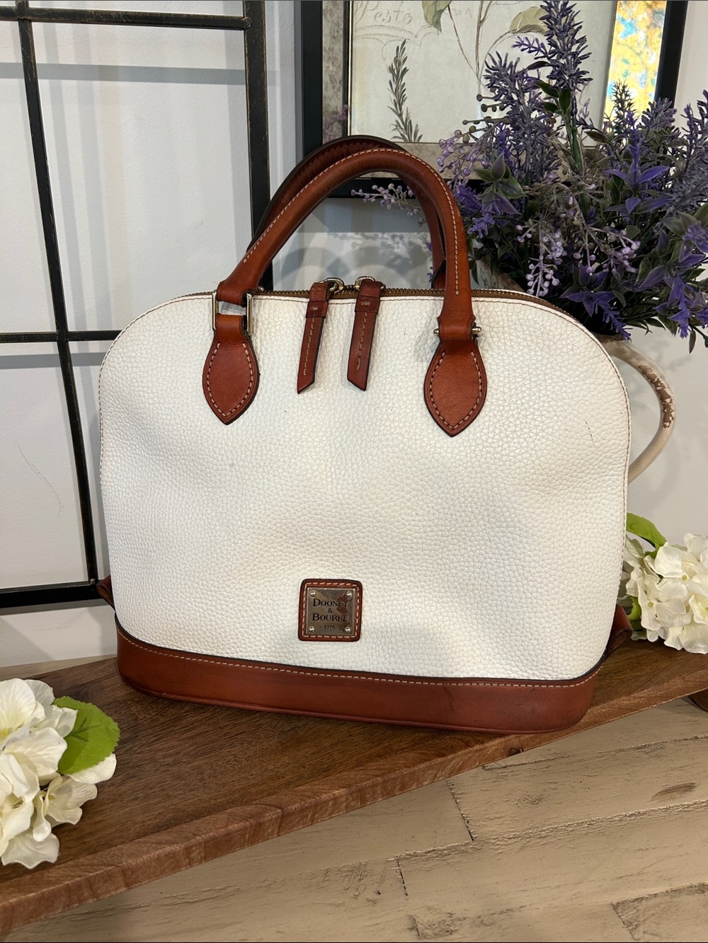 Dooney & Bourke White Pebble Leather Satchel with Brown Trim and Handles